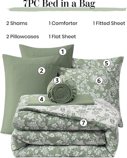 King Comforter Set -7 Pieces Floral Grey Green Comforter Set for All Seasons, Bed in a Bag King with Botanical Flowers Comforter, Sheets, Pillowcases & Shams