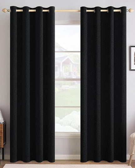MIULEE Linen Texture 90 Inches Curtains for Bedroom 100% Blackout Thermal Insulated Halloween Black Curtains Grommet Room Darkening Drapes for Living Room Nursery 52x90 Inch (2 Panels)