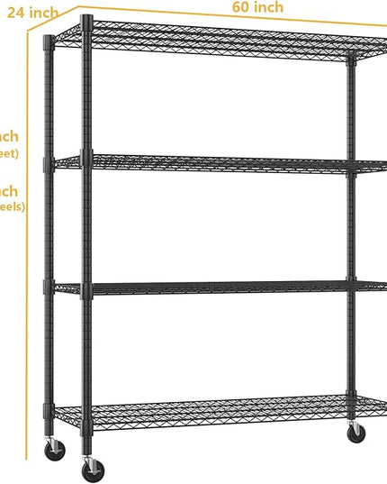 Himimi Storage Shelves 60" W Wire Shelving with Wheels 2600LBS Heavy Duty Metal Shelves for Storage, 4-Tier Adjustable Wire Rack Shelving Garage Shelving Kitchen Storage Shelves 24" Dx60 Wx72H, Black