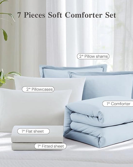 WRENSONGE King Comforter Set, 7 Pieces Ice Blue Soft Bed in a Bag King with Fitted Sheet, Flat Sheet, 2 Pillow Shams, and 2 Pillowcases- Warm Bedding Set for All Season