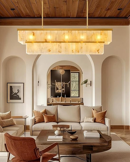 Rectangle Alabaster Chandelier, L54 Brass Linear Chandeliers Over Table Pendant Light Modern Mrable Rectangular Chandelier for Kitchen Island Dining Room Living 2-Tier Gold(Include 16 Bulbs)