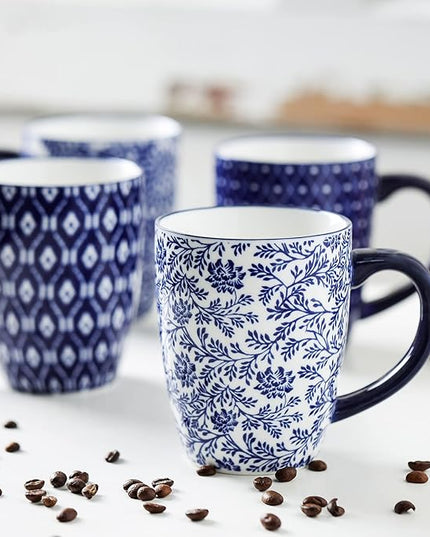 Selamica 16 oz Porcelain Coffee Mugs Set, Ceramic Tea Cup with Handle, dishwasher, oven, microwave safe, Pack of 6, Vintage Blue