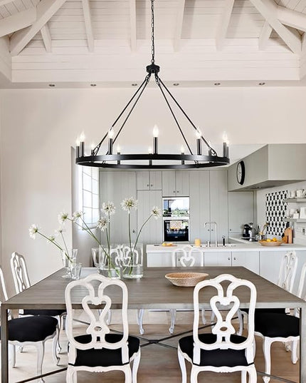 12-Light Black Wagon Wheel Chandelier for Dining Room Farmhouse Pendant Light Fixtures Outdoor for Rustic High Ceilings Round Chandeliers for Living Room Entryway Foyer Kitchen Island,38",E12