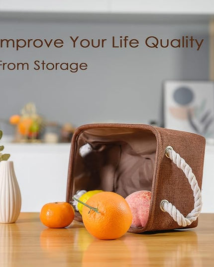 TheWarmHome Small Fabric Canvas Storage Bin with Cotton Rope Handles - Foldable Empty Basket for Gift (Brown-1 Pack,11.8L7.9W5.2H inch)