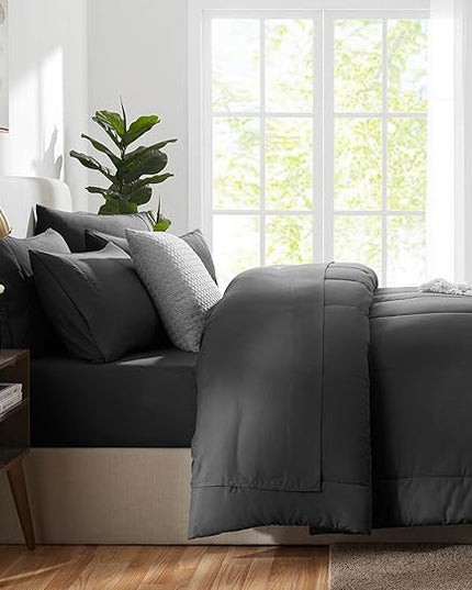CozyLux King Size Comforter Set Dark Grey, 7 Pieces Bed in a Bag, Dark Grey Comforter King Size, All Season Bedding Sets with Stitch Quilted Comforter, Flat Sheet, Fitted Sheet, Pillowcases