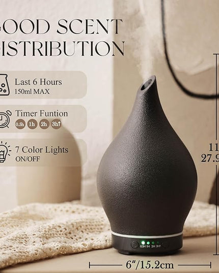 Porseme 150ml Essential Oil Diffuser Ceramic Color Changing Aroma Air Diffusers Aromatherapy Ultrasonic Cool Mist Humidifier 6 Running Hours for Spa Office Sleeping Yoga (Black Ceramic)