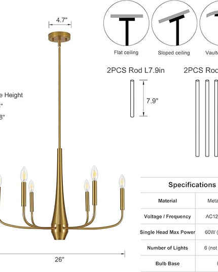 6-Light Gold Farmhouse Chandeliers, Modern Mid Century Candle Pendant Light, Rustic Industrial Metal Hanging Fixture for Dining Room, Kitchen, Bedroom, Living Room, Foyer