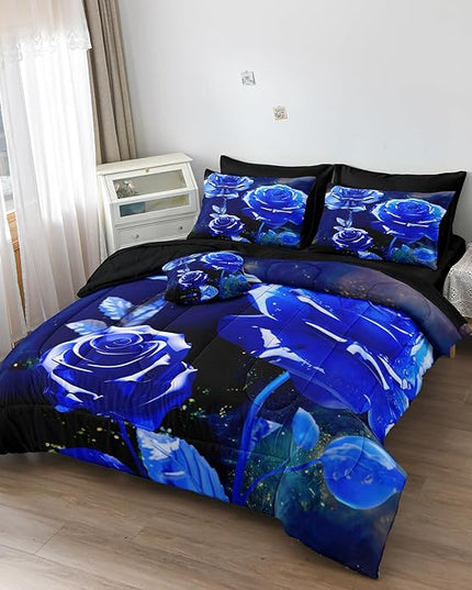 Merryword 8 Pcs Bed in a Bag Blue Rose Comforter Set King Size Rose Flower Bedding Set Romantic Love Valentine Bedding Comforter Set