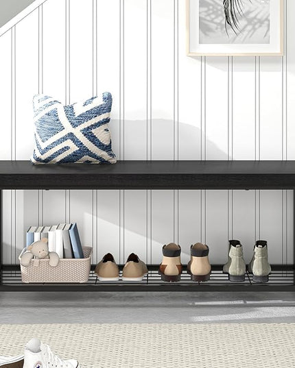 EXCEFUR Entryway Bench, Modern Wood and Metal Storage Bench for Hallway Front Door Entrance, Industrial Indoor Shoe Rack Bench Seat for Bedroom Living Room, 43.3 Inch Black