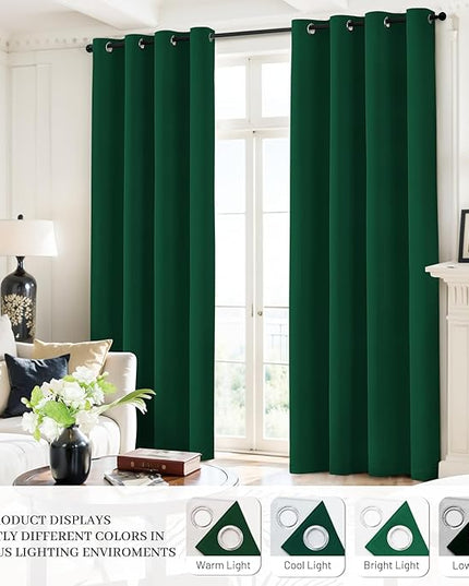 Yakamok 100% Blackout Curtains Dark Green Room Darkening Thermal Insulated with 2 Thick Layers-Hunter Green Window Drapes Set of 2 Panels for Bedroom Living Room 52 Inches by 84 Inches Length