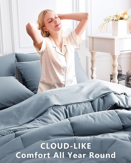 CozyLux Queen Comforter Set Grayish Blue, 7 Pieces Bed in a Bag, Blue Comforter Queen Size, All Season Bedding Sets with Stitch Quilted Comforter, Flat Sheet, Fitted Sheet, Pillowcases