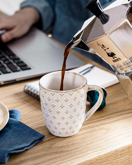 LE TAUCI Coffee Mugs 12 oz, Ceramic Mug Set Set of 4, Embossment Cups for Espresso, Latte, Tea, Cocoa, Cappuccino & Mocha, Dishwasher Oven Microwave Safe - 3.4 inch, Arctic White