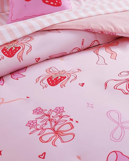 Twin Comforter Set for Girls-5 Pieces Pink Bow Twin Bedding Sets for Kids, Ultra Soft Bed in A Bag with Sheets