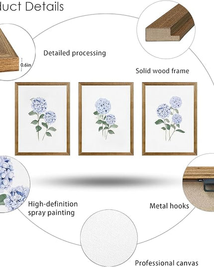 WRFON Hydrangea Wall Art, Blue Floral Wall Decor, Blue Watercolor Botanical Poster Wall Decor, Modern Minimalist Botanical Canvas Painting Print for Living Room Bedroom Wood Framed 12"x16"x3