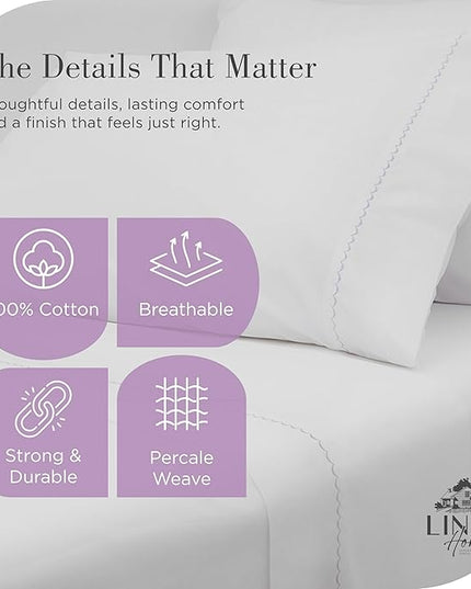 Linen Home 100% Cotton Percale Moon Scallop Hem Pillowcases King Size, Mauve Lavender, 2 Pieces of Pillow Case, Crisp and Cool Strong Bed Linen, 20 inches X 40 inches