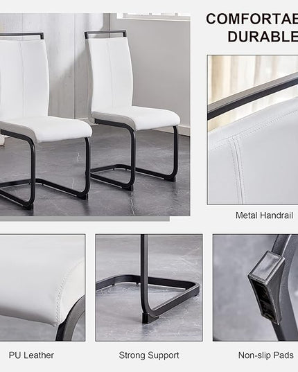 Ebullient Glass Dining Table Set for 4, Modern Dining Table Set for 4, Tempered Glass Tabletop with Black MDF Trapezoid Legs, Rectangle Kitchen Table with 4 Faux Leather Chairs for Home, Apartment