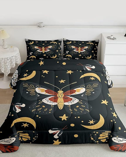 Sun Moon Kids Comforter Set King Size,Starry Sky Galaxy Trippy Bohemia Bedding Set,Boys Girls Adults Room Decor,Death Moth Boho Exotic Down Comforter,Colorful Retro Duvet Insert,2 Pillowcases