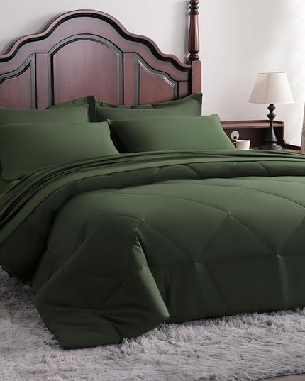 NTBAY Queen Comforter Set with Sheets, 7 Pieces Soft and Breathable Queen Bedding Set, Bed in a Bag, Down Alternative Comforter Set Solid Color All Season, Queen Bedding Set, Olive Green