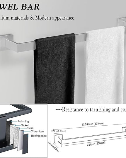 BOZWELL 5 Piece Brushed Nickel Stainless Steel Towel Bar Set, 23.6 inch Square Bathroom Hardware Accessories Set,Wall Mounted Towel Racks for Bathroom