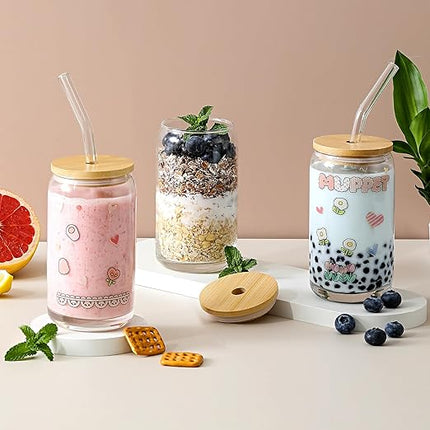 [ 6pcs Set ] Glass Cups with Bamboo Lids and Glass Straw - Beer Shaped Drinking Glasses, 16 oz Iced Coffee Glasses, Cute Tumbler Cup for Smoothie, Boba Tea, Whiskey, Water - 2 Cleaning Brushes