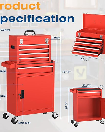 5-Drawers Tool Chest, 2-in-1 Rolling Tool Box with Wheels and Drawers, Detachable Storage Toolbox with Lock, Heavy-Duty Metal Tool Cart for Garage, Workshop (Red)