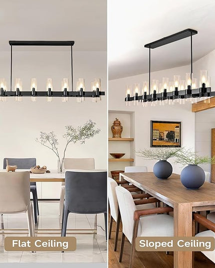 Black Linear Chandeliers for Dining Room, 54" Rectangle Chandelier with Glass, 16-Light Modern Chandeliers Over Table, Farmhouse Chandelier for Kitchen Island, Industrial Pendant Light Fixtures