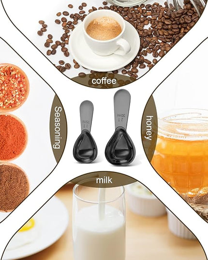 Stainless steel coffee scoop 2-piece set (1 tbsp, 2 tbsp) durable Tablespoon, ergonomic measuring spoon, Suitable for small and large jars，short-handled spoon (Black)