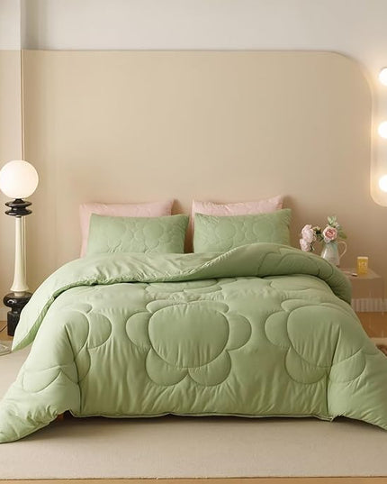 Houseri Sage Green Floral Comforter Set King Sunflower Light Green Fluffy Quilted Comforters King Size Ultra Comfy Bedding Sets Soft Breathable