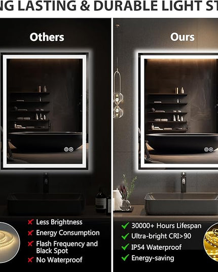 16x24 LED Bathroom Mirror with Lights, Lighted Bathroom Vanity Mirror for Wall, Anti-Fog, Dimmable, Backlit + Front Lit, Memory Function, Shatter-Proof, 3 Colors, Horizontal/Vertical