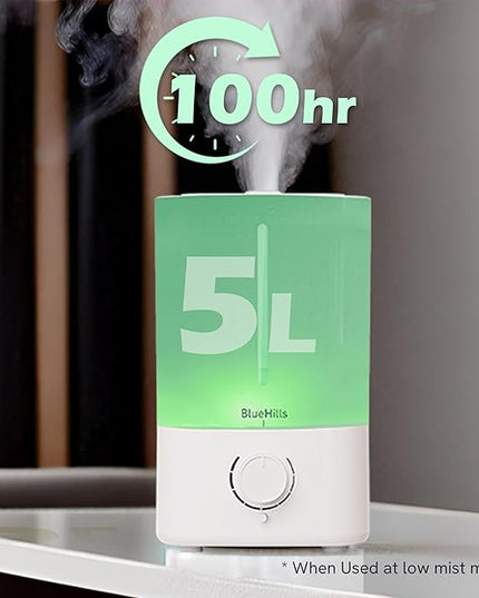 BlueHills Premium 5000 ML XL Essential Oil Diffuser Humidifier Large Room Huge Coverage Area 5 Liter Big Capacity High Mist Output 100 Hours Long Run Time Aroma Diffuser White G501