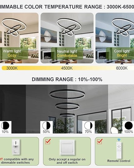 3-Rings D23.6 Modern LED Chandelier Black Dimmable Pendant Lighting with Remote Control Circular Flush Mount High Ceiling Light for Dining Room Living Room Bedroom Entrance Foyer, 3000K-6500K