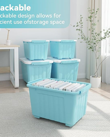 Nazhura 72 Quart Plastic Storage Bin, Stackable and Nestable Storage Boxes with Lids and Secure Latching Buckles, Large Storage Container (Blue, 72Quart-4Pack)