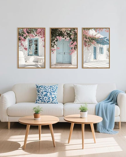HOURIA Modern Greek Island Cityscape Framed Canvas Wall Art Set,European White House Blue Door Shutter Landscape Wall Decor,Santorini Natural Pink Flower Artwork for Living Room, Bedroom-16 x24 x3