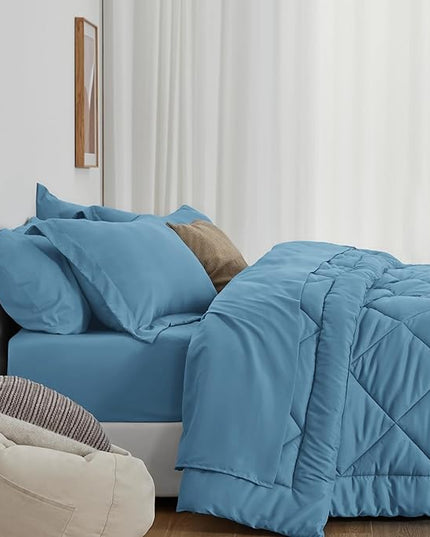 Love's cabin Twin Comforter Set Misty Blue, 5 Pieces Twin Bed in a Bag, All Season Bedding Sets with 1 Comforter, 1 Flat Sheet, 1 Fitted Sheet, 1 Pillowcase and 1 Pillow Sham