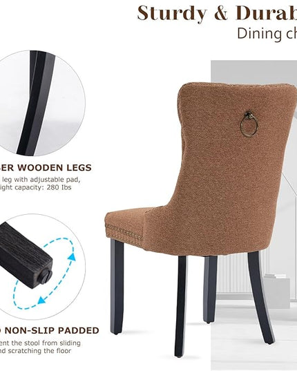 SoarFlash Linen Fabric Dining Chair Set of 2, Upholstered Tufted Dining Room Chair with Nailhead Trim and Solid Light Color Wood Leg for Kitchen (Coffee)
