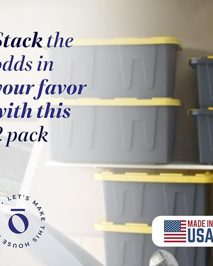 HOMZ 2-Pack Durabilt, Heavy Duty Plastic Storage Bins with Lids, 15 Gallon, Black/Yellow - Stackable Container Boxes for Home, Attic, and Garage Organization