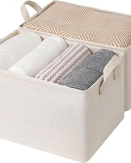 StorageWorks Storage Bins, Shelves Baskets for Organizing, Large Fabric Closet Organizers with Handles, Metal Frame, Beige（Cotton-linen）, 2-Pack