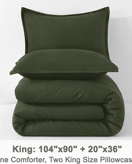 Litanika Dark Olive Green Comforter Set King, 3 Pieces Solid Bedding Comforter Set, All Season Fluffy Bed Set (104x90In Comforter & 2 Pillowcases)