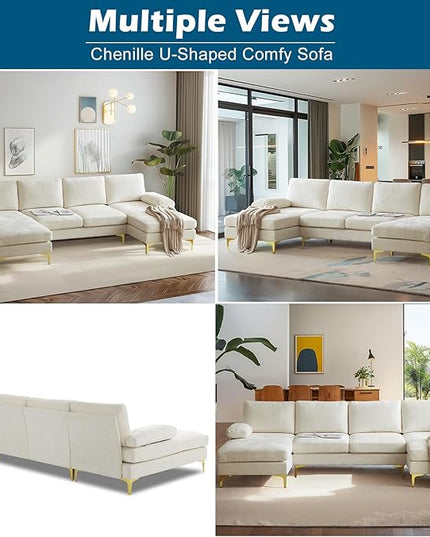 VINGLI 110" Large U-Shape Sectional Sofa Couch with 51" D Double Chaise for Living Room, Modern Sectional Couch Set with Soft 5.9" Thickness Seating Padding, Chenille Fabric,Metal Gold Legs(Beige)