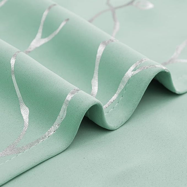 BUHUA Black Out Curtains 63 Inch Long 2 Panels, Soundproof Curtains with Elegant Silver Tree Branches Print, Heat Blocking Curtains for Livingroom, 38W x 63L, Aqua