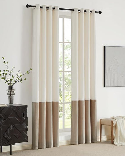 BULBUL Color Block Window Curtains Panels 72 inches Long Cream Ivory Champagne Velvet Farmhouse Drapes for Bedroom Living Room Darkening Treatment with Grommet Set of 2