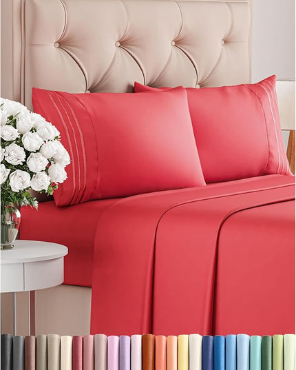 Cal King Size 4 Piece Sheet Set - Comfy Breathable & Cooling Bed Sheets Set - Hotel Luxury Bedding for Women, Men, Kids, Teens, Boys & Girls - Deep Pockets, Ultra-Soft, Wrinkle Free - Oeko-Tex - Red