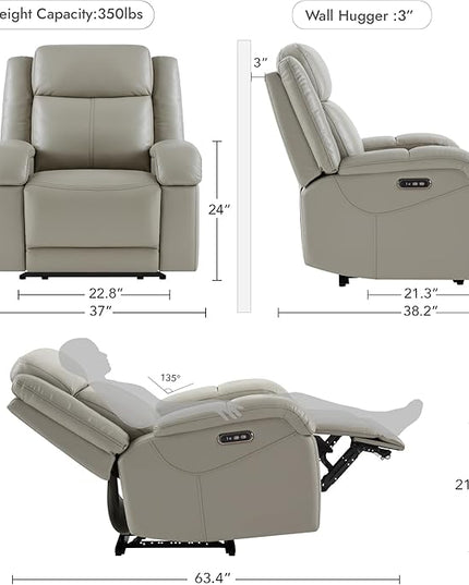 Watson & Whitely Genuine Leather Power Recliner Chairs for Adults, Wall Hugger RV Recliner with Power Headrest & Charging Ports, Electric Recliner Sofa Chair for Living Room, Grey