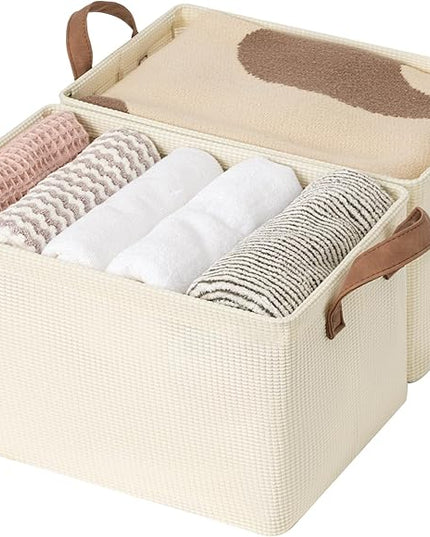 StorageWorks Storage Bins, Shelves Baskets for Organizing, Fabric Closet Organizers with Handles, Metal Frame, Beige（Texture）, 2-Pack