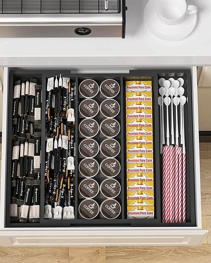 Kitchen Utensil Organizer Silverware Tray - Bamboo Flatware Organizer Expandable 5 Slots Multipurpose Silverware Organizer for Office Storage Garage Organization W13.7"-19.9" x L17.6" X H2.5" (Black)