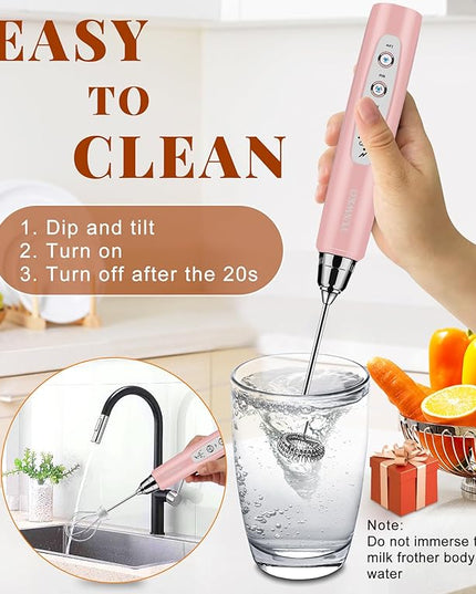 YUSWKO Milk Frother Handheld for Coffee with Stand, Rechargeable Drink Mixer with 3 Heads 3 Speeds Electric Coffee Frother Whisk, Gift for Many Occasions and Festival