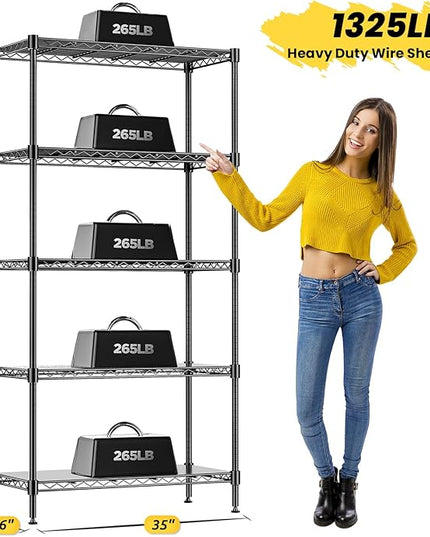 72" H Storage Shelves 5 Tier Wire Shelving with Shelf Liners, Adjustable Metal Garage Shelving, 1325LBS Heavy Duty Commercial Storage Rack for Pantry Kitchen, 35" W x 16" D x 72" H, Black