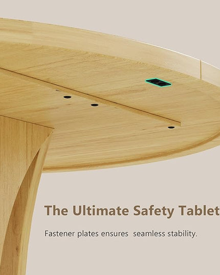 Round Dining Table for 4-6, Kitchen Table with Sturdy Double Arc & Rounded Base & Backboard Clasp Desktop, Mid-Century Modern Circle Dinner Table for Dining Living Room, Space Saving, Natrual