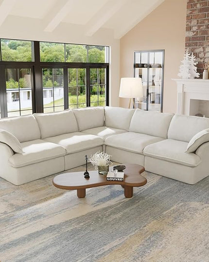 JACH V-Shaped Cloud Sectional Couch, Deep Seats Convertible Sofas, Minimalist Cloud Modular Sofa, Down Fill Soft Sofas for Living Room, Office, Apartment (5 Seats, White)