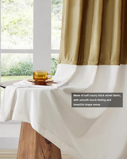 BULBUL Color Block Window Curtains Panels 96 inches Long Gold Ivory Velvet Farmhouse Drapes for Bedroom Living Room Darkening Treatment with Grommet Set of 2